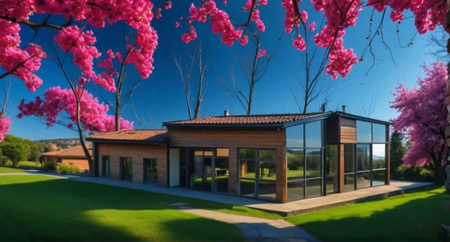 3d rendering,holiday villa,modern house,home landscape,mid century house,beautiful home,small house,bungalow,house painting,private house,prefabricated buildings,traditional house,sakura tree,holiday home,summer house,sakura trees,villa,wooden house,japanese sakura background,cherry blossom tree,Photography,General,Realistic