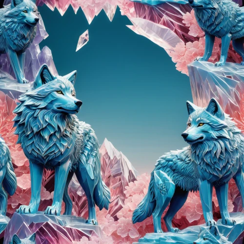 wolves,crystalline,ice castle,winter animals,3d fantasy,low poly,fractalius,two wolves,ice planet,ice bears,moraine,canis lupus,ice crystal,ice landscape,low-poly,the wolf pit,color dogs,wall,3d background,ice,Illustration,Japanese style,Japanese Style 04