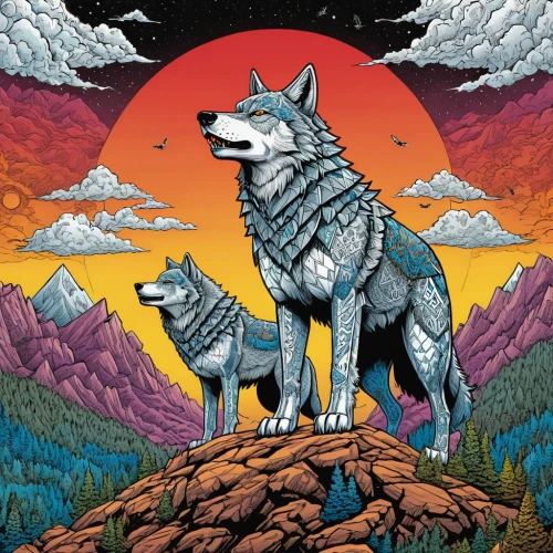 two wolves,wolves,wolf couple,howling wolf,wolf,wolf's milk,constellation wolf,wolf pack,wolf bob,howl,canis lupus,wolfdog,huskies,dog illustration,werewolves,album cover,ninebark,companion dog,the wolf pit,totem,Illustration,American Style,American Style 13