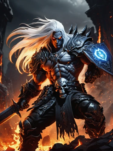 dane axe,massively multiplayer online role-playing game,fire background,barbarian,dark elf,fantasy warrior,warlord,heroic fantasy,cleanup,god of thunder,he-man,norse,bronze horseman,dragon slayer,death god,blacksmith,axe,wall,northrend,warrior and orc,Illustration,American Style,American Style 09