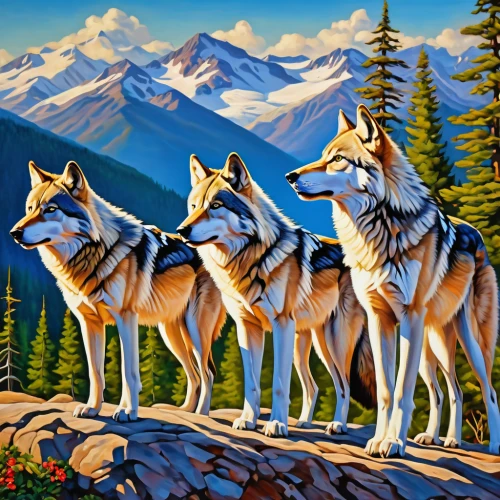 wolves,huskies,wolf pack,canis lupus,three dogs,canines,color dogs,oil painting on canvas,sled dog,dog sled,hunting dogs,canidae,two wolves,art painting,european wolf,mushing,landscape background,guards of the canyon,german shepards,wolf couple