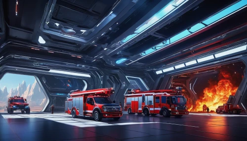 sci fi surgery room,fire-fighting,fire-extinguishing system,mining facility,industries,fire truck,fire fighting technology,loading dock,cybertruck,automobile repair shop,the bus space,auto repair shop,white fire truck,sci fi,concept art,fire department,firetruck,fire dept,factory ship,bus garage,Illustration,Realistic Fantasy,Realistic Fantasy 32