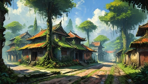 villages,ancient city,wooden houses,mountain settlement,mountain village,aurora village,vietnam,rural landscape,traditional village,ancient house,fantasy landscape,knight village,druid grove,ancient buildings,home landscape,cambodia,village life,house in the forest,mushroom landscape,world digital painting,Art,Artistic Painting,Artistic Painting 04