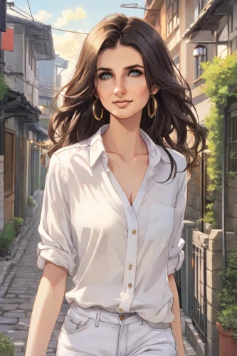 oleander,cassia,woman walking,marguerite,vanessa (butterfly),girl walking away,sprint woman,game illustration,city ​​portrait,main character,portrait background,girl in a historic way,veronica,fashionable girl,rosa ' amber cover,the girl's face,queen anne,a pedestrian,liberty cotton,georgia,Digital Art,Anime