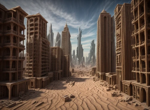 futuristic landscape,post-apocalyptic landscape,ancient city,destroyed city,dubai desert,metropolis,desertification,terraforming,mandelbulb,human settlement,urbanization,urban development,futuristic architecture,dystopian,stone desert,desert planet,skyscraper town,apartment blocks,san dunes,city blocks