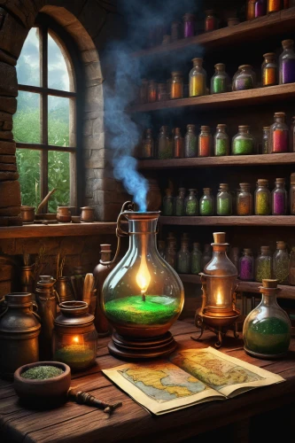 potions,apothecary,candlemaker,alchemy,potion,distillation,reagents,potter's wheel,tinsmith,sci fiction illustration,cauldron,chemical laboratory,creating perfume,magical pot,chemist,potter,watercolor tea shop,conjure up,aromas,hogwarts,Illustration,Realistic Fantasy,Realistic Fantasy 35