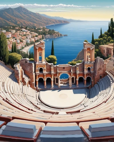 amphitheater,ancient theatre,amphitheatre,open air theatre,taormina,roman theatre,theatre stage,theater stage,atlas theatre,ephesus,hellas,the forum,theatre,coliseum,peloponnese,italy colosseum,greece,greek in a circle,theatron,hellenic,Conceptual Art,Fantasy,Fantasy 21