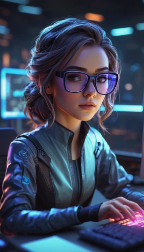 girl at the computer,librarian,night administrator,cg artwork,girl studying,women in technology,blur office background,cyber glasses,cyberpunk,female doctor,administrator,sci fiction illustration,tracer,engineer,symetra,neon human resources,operator,tutor,the community manager,cg,Illustration,Abstract Fantasy,Abstract Fantasy 01