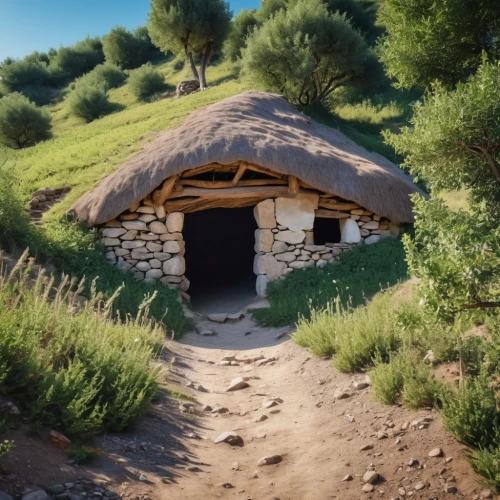 iron age hut,stone oven,ancient house,small house,hobbit,little house,hobbiton,round hut,straw hut,thatched cottage,the threshold of the house,vaulted cellar,wooden hut,blockhouse,render,farm hut,small cabin,alpine hut,cannon oven,3d render,Photography,General,Realistic