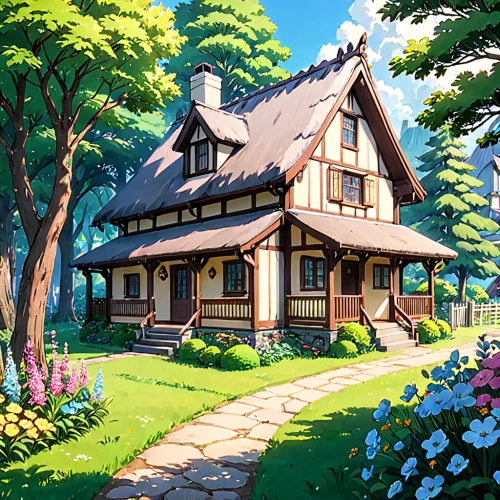 studio ghibli,summer cottage,cottage,country cottage,house in the forest,wooden house,little house,home landscape,log home,beautiful home,country house,small house,traditional house,house in the mountains,wooden houses,house in mountains,log cabin,lonely house,thatched cottage,witch's house,Anime,Anime,Traditional