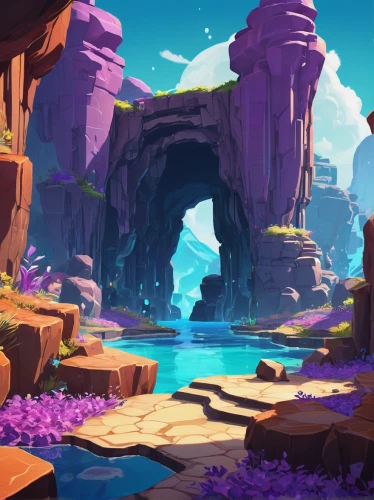 futuristic landscape,fantasy landscape,purple landscape,sea caves,canyon,mushroom landscape,underwater oasis,cave on the water,blue caves,karst landscape,virtual landscape,oasis,an island far away landscape,background with stones,lagoon,backgrounds,sea cave,the blue caves,mountain world,chasm,Illustration,Vector,Vector 18