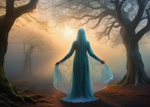 fantasy picture,faerie,the enchantress,forest of dreams,sorceress,the mystical path,mystical portrait of a girl,ballerina in the woods,elven forest,faery,mystical,blue enchantress,enchanted forest,fairy forest,dryad,fantasy art,enchanted,celtic woman,sleepwalker,holy forest,Illustration,Realistic Fantasy,Realistic Fantasy 01