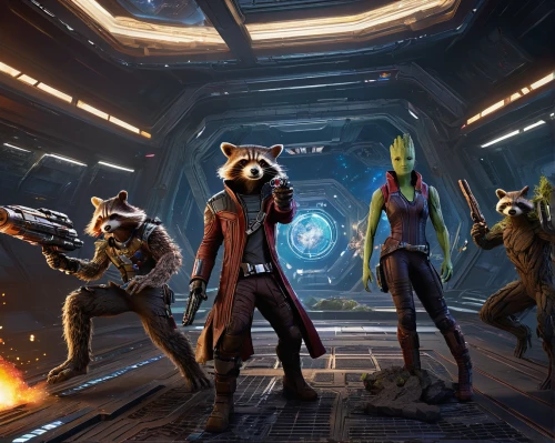 guardians of the galaxy,rocket raccoon,community connection,groot super hero,groot,group photo,asterales,lost in space,sci fi,sci - fi,sci-fi,cg artwork,space voyage,passengers,symetra,assemble,x-men,patrols,the hive,storm troops,Illustration,Japanese style,Japanese Style 10