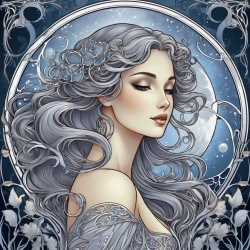 white rose snow queen,the snow queen,blue moon rose,moonflower,zodiac sign libra,fairy queen,the zodiac sign pisces,silvery blue,horoscope libra,faery,faerie,jasmine blue,fantasy portrait,filigree,blue enchantress,art nouveau,fairy tale character,blue rose,ice queen,blue hydrangea,Illustration,Retro,Retro 13