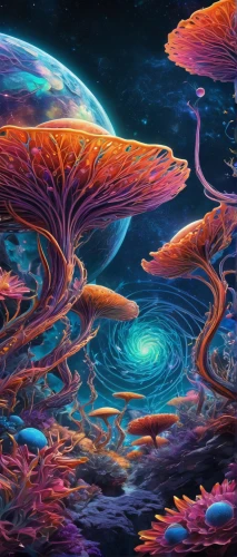 mushroom landscape,psychedelic art,cosmos field,cosmic flower,alien world,mushroom island,cosmos,alien planet,mushrooms,fractals art,fantasy landscape,fractal environment,psychedelic,futuristic landscape,coral swirl,acid lake,colorful tree of life,fantasy art,space art,fairy galaxy,Illustration,Realistic Fantasy,Realistic Fantasy 39