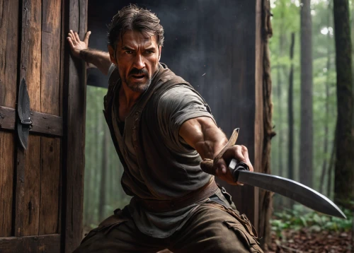 wolverine,robin hood,warrior east,drover,kickboxer,throwing axe,bow and arrows,action film,bow and arrow,splitting maul,black snake,longbow,western film,hunting knife,swordsman,hook,chasseur,action hero,digital compositing,bows and arrows,Art,Classical Oil Painting,Classical Oil Painting 32