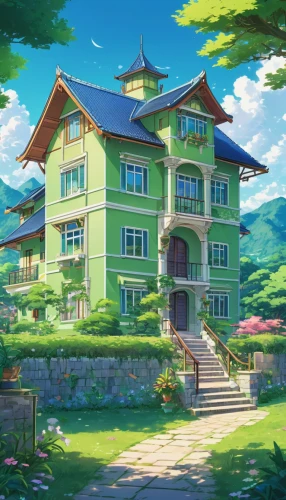 studio ghibli,house in the mountains,house painting,house in mountains,apartment house,beautiful home,tsumugi kotobuki k-on,private house,violet evergarden,apartment building,apartment complex,idyllic,house by the water,country estate,country house,house with lake,beautiful buildings,home landscape,residential,grass roof,Illustration,Japanese style,Japanese Style 03