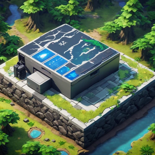 hydropower plant,solar cell base,hydroelectricity,solar power plant,aqua studio,blockhouse,pool house,solar panels,grass roof,floating islands,floating island,water cube,dug-out pool,artificial island,mining facility,renewable,inverted cottage,thermae,heavy water factory,roof top pool,Unique,3D,Isometric