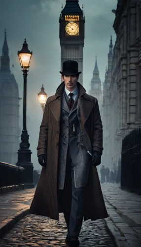 sherlock holmes,sherlock,frock coat,overcoat,holmes,bowler hat,detective,inspector,cordwainer,lamplighter,stovepipe hat,banker,victorian style,gas lamp,the victorian era,gentlemanly,photoshop manipulation,victorian,top hat,aristocrat,Photography,Fashion Photography,Fashion Photography 01