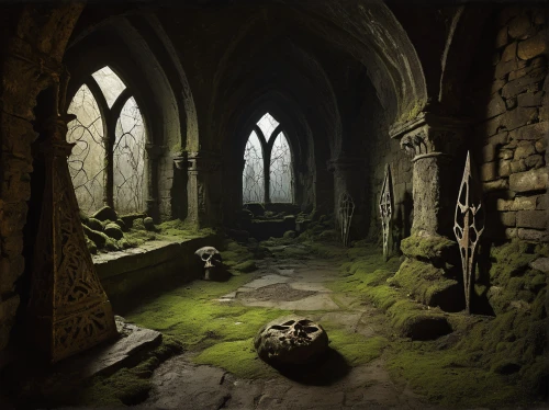 hall of the fallen,crypt,haunted cathedral,mausoleum ruins,ruins,dungeon,sepulchre,ruin,catacombs,fantasy landscape,witch's house,dungeons,ruined castle,sunken church,burial chamber,lostplace,castle ruins,ghost castle,threshold,abandoned place,Illustration,Realistic Fantasy,Realistic Fantasy 40