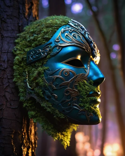 forest man,dryad,mother earth statue,fantasy portrait,3d fantasy,faerie,fantasy art,mother earth,faery,faun,shamanism,shamanic,avatar,golden mask,druid,elven forest,wooden mask,neon body painting,celtic tree,digital compositing,Illustration,American Style,American Style 11
