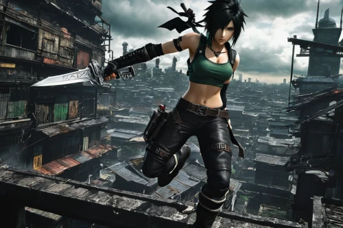 croft,huntress,lara,destroyed city,post apocalyptic,shooter game,rooftops,massively multiplayer online role-playing game,female warrior,scrapyard,action-adventure game,black city,kowloon city,ying,swordswoman,assassin,shinobi,renegade,mercenary,game character,Illustration,Realistic Fantasy,Realistic Fantasy 46