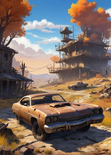 wasteland,station wagon-station wagon,ford maverick,fallout4,rusty cars,autumn background,croft,post-apocalyptic landscape,roadrunner,road forgotten,buick lesabre,pontiac,fall landscape,fallout,dodge challenger,one autumn afternoon,chevrolet impala,muscle car cartoon,retro vehicle,autumn landscape,Unique,Pixel,Pixel 05