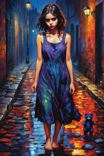 girl walking away,girl in a long dress,woman walking,girl with cloth,girl in cloth,oil painting on canvas,little girl running,girl in a long,oil painting,a girl in a dress,la violetta,mystical portrait of a girl,girl with dog,the girl in nightie,girl on the stairs,young woman,girl in a historic way,girl with bread-and-butter,little girl in wind,alley,Conceptual Art,Oil color,Oil Color 25