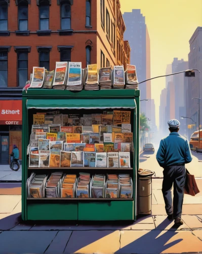 bookshop,book store,bookstore,bookselling,watercolor shops,newspaper box,convenience store,store fronts,coffee and books,sci fiction illustration,readers,vending machines,grocer,bus stop,record store,bus shelters,shopkeeper,comic books,vendors,courier box,Illustration,Realistic Fantasy,Realistic Fantasy 33