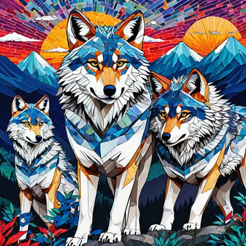 wolves,foxes,wolf pack,two wolves,fox stacked animals,wolf couple,color dogs,huskies,kitsune,wolf,howl,colorful background,howling wolf,nine-tailed,firefox,mozilla,canis lupus,psychedelic art,art background,redfox,Illustration,Japanese style,Japanese Style 04