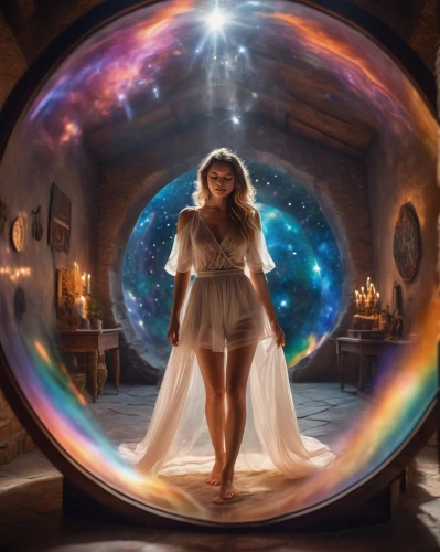 crystal ball-photography,crystal ball,fantasy picture,magic mirror,prism ball,parabolic mirror,magical,mystical portrait of a girl,fantasy art,fairytales,faerie,3d fantasy,divination,glass sphere,fairy dust,fairy tales,soap bubble,magical adventure,fantasy woman,harmonia macrocosmica,Photography,General,Cinematic