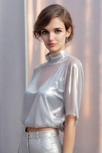 silver,pale,elegant,bolero jacket,daisy jazz isobel ridley,asymmetric cut,see-through clothing,neutral color,daisy 2,model,cotton top,silvery,metallic feel,daisy 1,eleven,angelic,pink background,vogue,romantic look,female model,Photography,Realistic