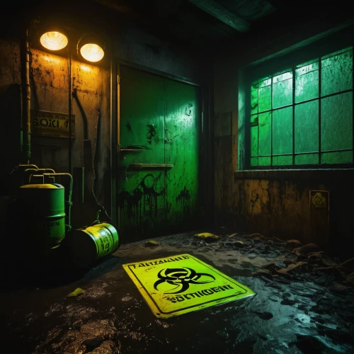 fallout shelter,chemical container,chemical plant,hazardous substance sign,hazardous,radioactive leak,abandoned room,toxic,biohazard,contaminated,quarantine,toxic waste,biohazard symbol,radiation,contamination,chemical laboratory,chemical,live escape game,disinfection,urbex,Art,Artistic Painting,Artistic Painting 36