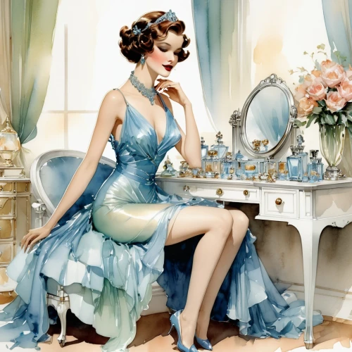 chess player,dressing table,dressmaker,play chess,cinderella,vintage china,pin ups,crinoline,perfumes,vintage women,chess,chess game,pin-up,mazarine blue,blue and white porcelain,pin up,perfume bottles,beauty room,jasmine blue,vintage woman,Photography,General,Realistic