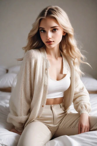 pale,bolero jacket,cardigan,ivory,sweater,elegant,pajamas,white velvet,neutral color,white silk,white clothing,fur,cool blonde,pjs,liberty cotton,blonde woman,model,pantsuit,white beauty,lux,Photography,Natural