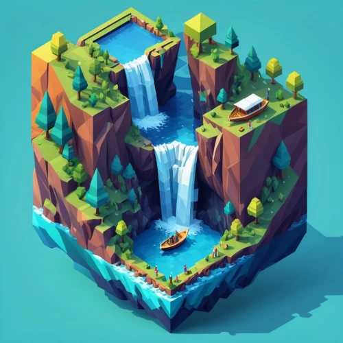 a small waterfall,floating island,floating islands,waterfall,isometric,chasm,water fall,low poly,water falls,low-poly,3d mockup,tower fall,waterfalls,artificial islands,3d fantasy,wasserfall,mountain world,wishing well,water cube,diamond lagoon,Unique,3D,Low Poly