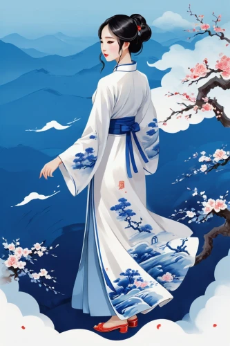 hanbok,geisha girl,geisha,spring festival,chinese art,plum blossom,plum blossoms,oriental painting,korean culture,oriental princess,japanese art,ao dai,blue and white china,japanese floral background,kimono fabric,junshan yinzhen,oriental girl,japanese sakura background,white blossom,japanese background,Unique,3D,Isometric