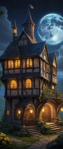 witch's house,fairy tale castle,crooked house,hobbiton,fantasy landscape,fantasy picture,knight village,ancient house,aurora village,fantasy world,witch house,treasure house,wooden house,the globe,fairytale castle,tavern,beautiful home,knight's castle,moonlit night,cheshire,Art,Artistic Painting,Artistic Painting 39