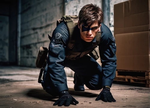 ballistic vest,coveralls,cosplay image,crouching,bodyworn,police uniforms,policewoman,cargo pants,jumpsuit,swat,operator,soldier,kojima,combat medic,military person,district 9,officer,agent,crawling,tactical,Art,Classical Oil Painting,Classical Oil Painting 09