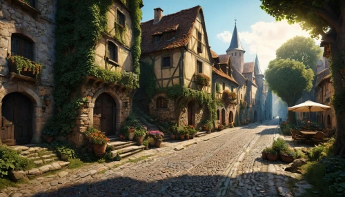 medieval street,medieval town,knight village,the cobbled streets,cobblestone,escher village,the old town,old linden alley,narrow street,cobblestones,medieval architecture,old town,medieval,old city,3d fantasy,aurora village,village street,fantasy landscape,fantasy city,old quarter,Photography,General,Cinematic