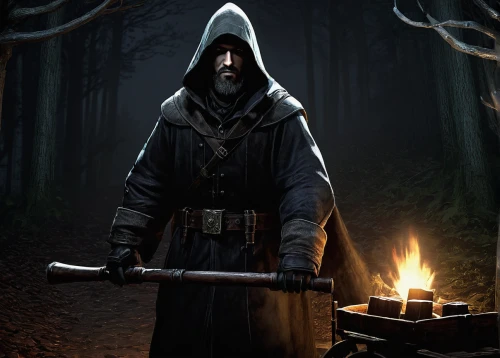 hooded man,grimm reaper,hooded,assassin,massively multiplayer online role-playing game,quarterstaff,grim reaper,play escape game live and win,woodsman,assassins,gamekeeper,cloak,flickering flame,red riding hood,chasseur,blacksmith,scythe,the wanderer,candlemaker,game illustration,Conceptual Art,Sci-Fi,Sci-Fi 05
