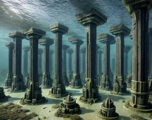 sunken church,pillars,roman columns,columns,underwater landscape,ocean floor,underwater playground,atlantis,ocean underwater,undersea,imperial shores,underwater oasis,doric columns,bridge piers,water castle,basalt columns,cistern,temple of poseidon,sea trenches,ancient city