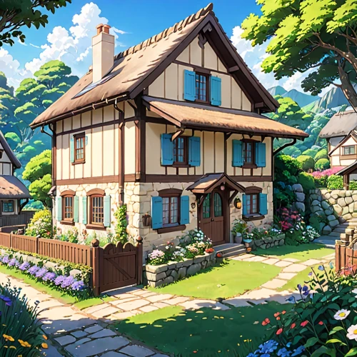 studio ghibli,summer cottage,wooden house,country cottage,little house,cottage,half-timbered house,small house,traditional house,country house,alpine village,house in the forest,thatched cottage,danish house,beautiful home,swiss house,country estate,home landscape,french building,ancient house,Anime,Anime,Traditional
