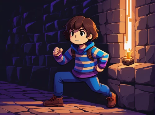 magical adventure,pixel art,chasm,adventure game,marco,pines,wishing well,dungeons,flickering flame,dungeon,wander,cubes,brick background,lantern,stone background,burning candle,magical pot,cave tour,gamecube,catacombs,Illustration,Retro,Retro 22