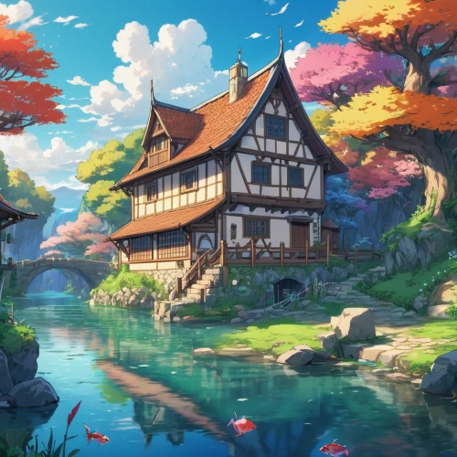 studio ghibli,house with lake,house by the water,fisherman's house,fantasy landscape,meteora,aurora village,fantasy world,fairy village,knight village,home landscape,house of the sea,3d fantasy,alpine village,witch's house,house in mountains,ancient house,violet evergarden,fantasy picture,house in the mountains,Illustration,Japanese style,Japanese Style 03