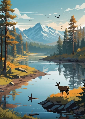 deer illustration,landscape background,elk,salt meadow landscape,caribou,bull moose,montana,moose,deer drawing,deer,alaska,mountain scene,nature landscape,river landscape,forest landscape,mule deer,fall landscape,autumn mountains,mountain landscape,boreal,Illustration,Vector,Vector 01