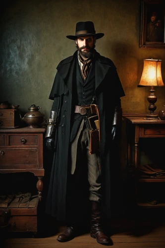 deadwood,gunfighter,drover,stovepipe hat,bram stoker,athos,frock coat,lincoln blackwood,shoemaker,cordwainer,watchmaker,overcoat,clockmaker,western film,lamplighter,the victorian era,apothecary,guy fawkes,sherlock holmes,old coat,Art,Classical Oil Painting,Classical Oil Painting 44