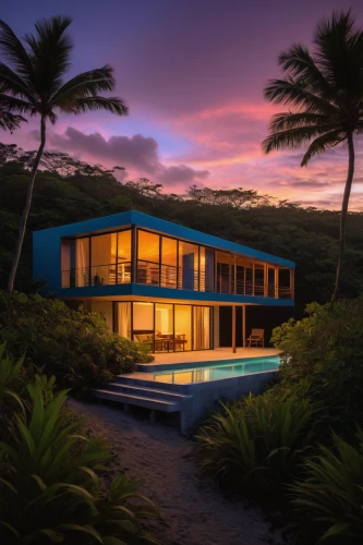 tropical house,mid century house,dunes house,beach house,house by the water,beachhouse,modern house,blue hawaii,hawaii,pool house,mid century modern,luxury home,luxury property,holiday villa,beautiful home,tropics,kauai,floating huts,modern architecture,blue hour,Art,Artistic Painting,Artistic Painting 26