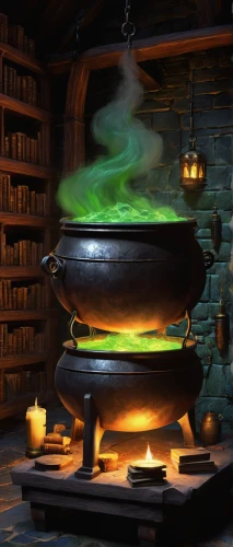 cauldron,candy cauldron,magical pot,potions,potter's wheel,cooking pot,potion,hearth,wood-burning stove,stock pot,wood stove,feuerzangenbowle,witches legs in pot,potter,copper cookware,fireplace,fire bowl,dwarf cookin,stove,witch's hat,Illustration,Realistic Fantasy,Realistic Fantasy 06
