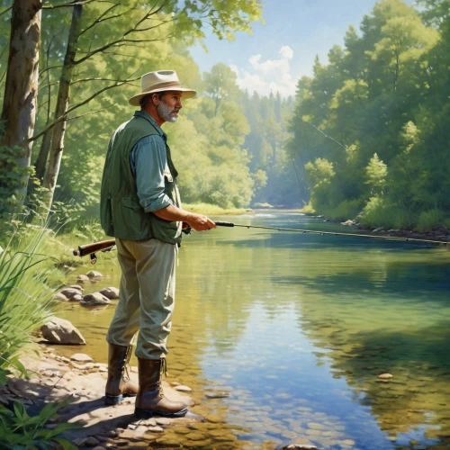 fly fishing,fishing classes,fisherman,big-game fishing,fishing,casting (fishing),park ranger,rifleman,fjord trout,oncorhynchus,trout,people fishing,the river's fish and,farmer in the woods,brown trout,ranger,mississippi,idyllic,american frontier,version john the fisherman,Illustration,Paper based,Paper Based 12